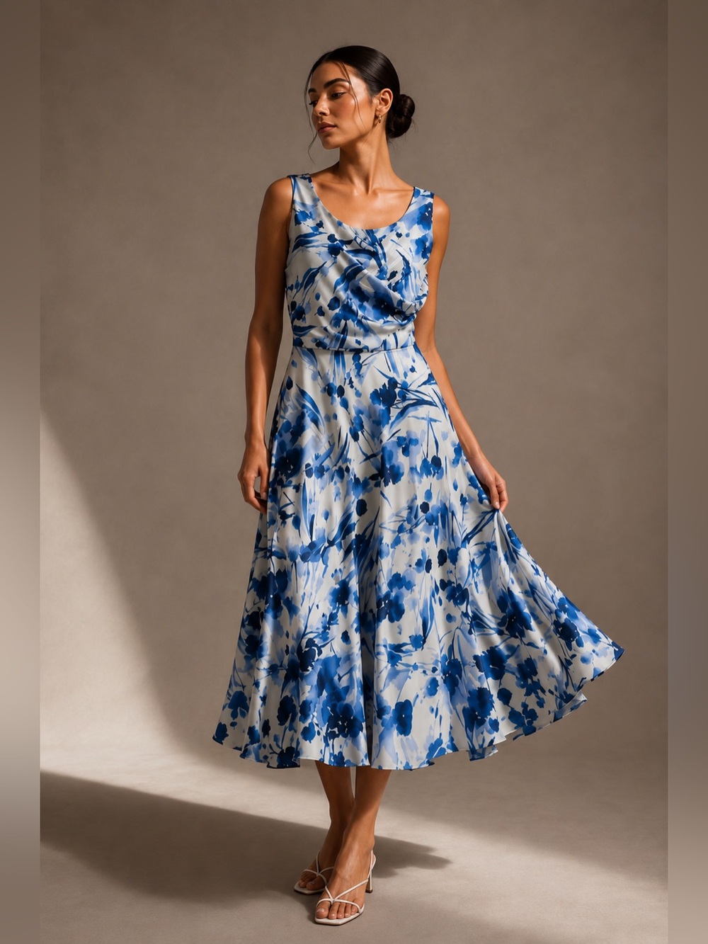Jacques Vert Blue Floral Fit & Flare Midi Dress UK 12 CA 10 Wedding Guest